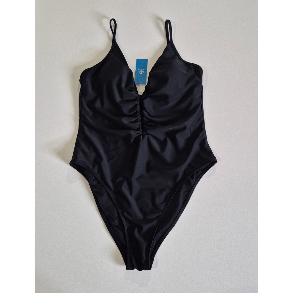Cupshe Womens Black Ruched One Piece Swimsuit V-Neck Adjustable Straps XL NEW